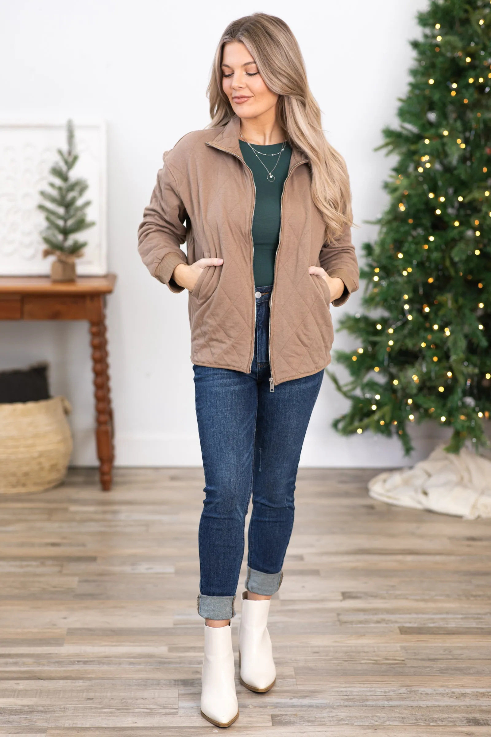 Mocha Quilted Full Zip Jacket