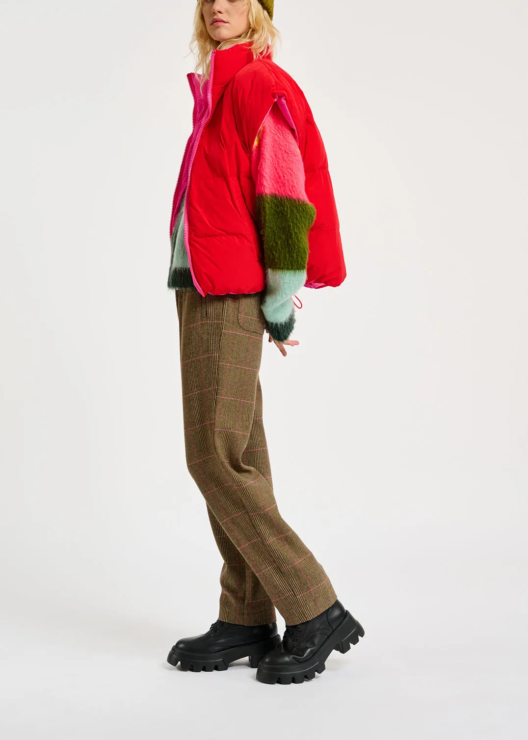 Neon pink and red reversible puffer vest