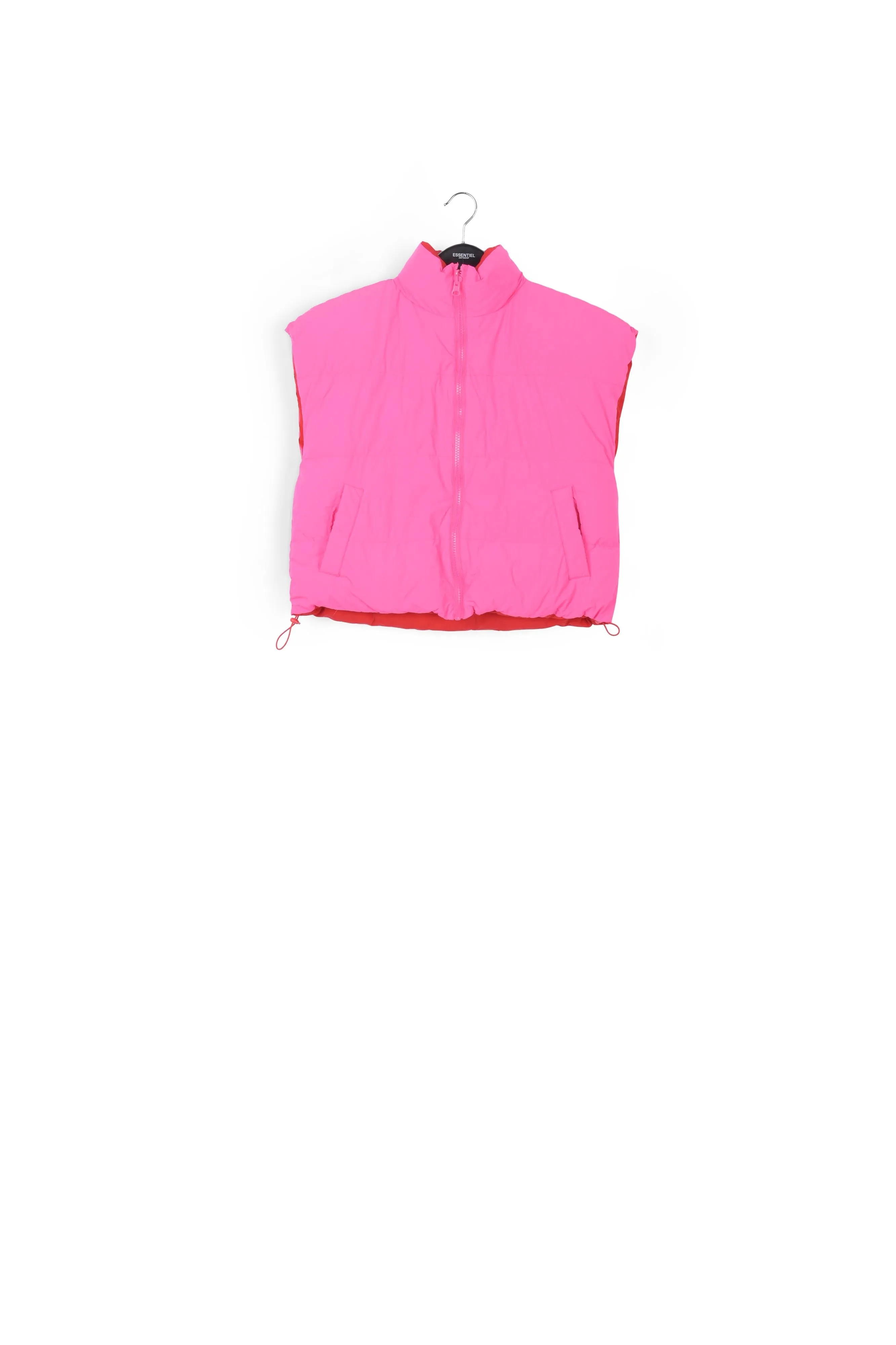 Neon pink and red reversible puffer vest