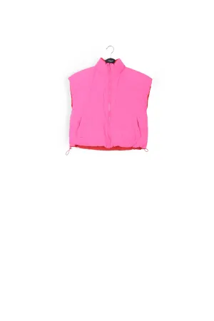 Neon pink and red reversible puffer vest