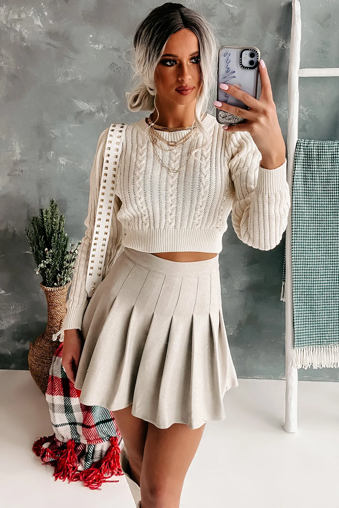 Never Shy Brushed Fleece Pleated Skort (Oatmeal)