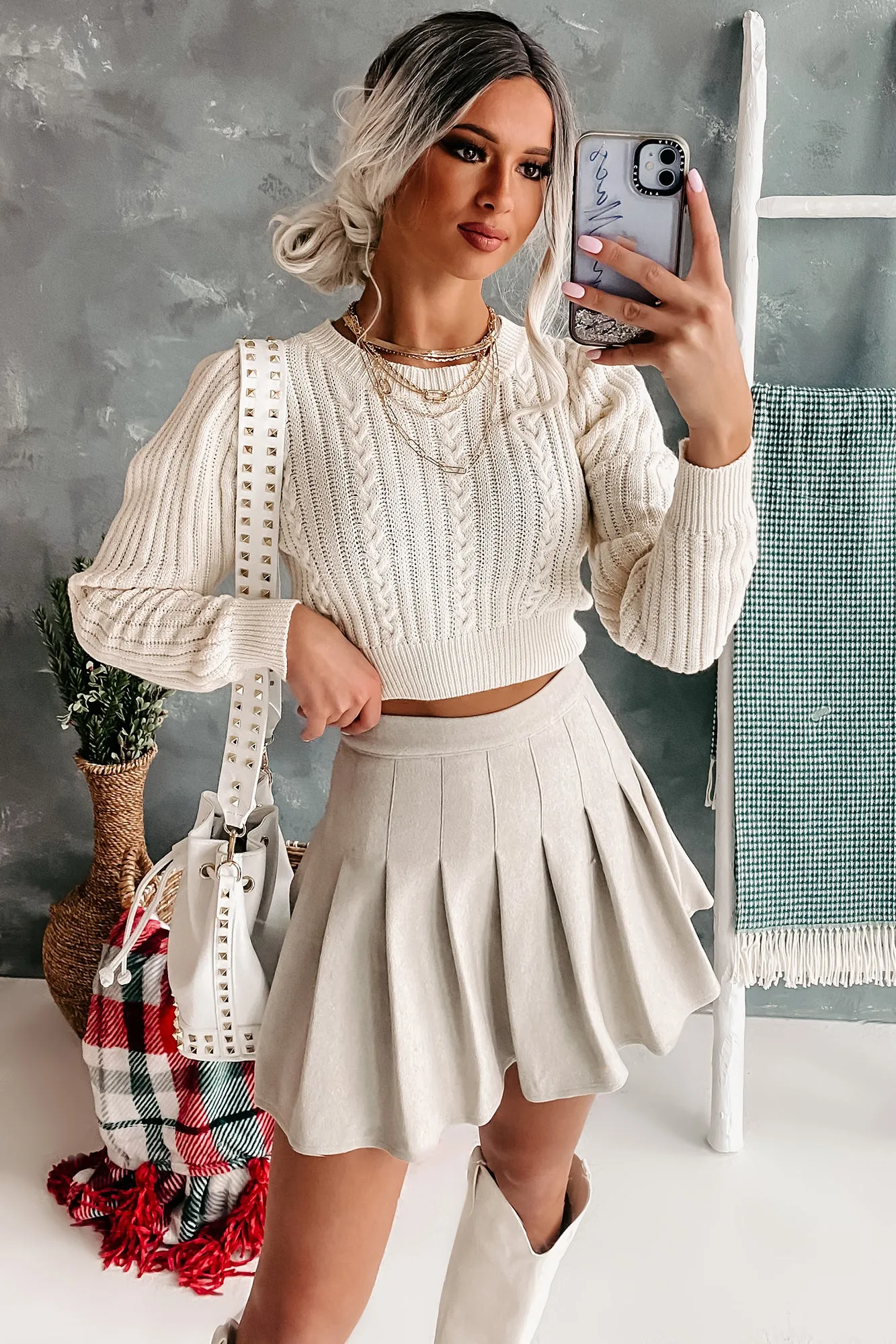 Never Shy Brushed Fleece Pleated Skort (Oatmeal)