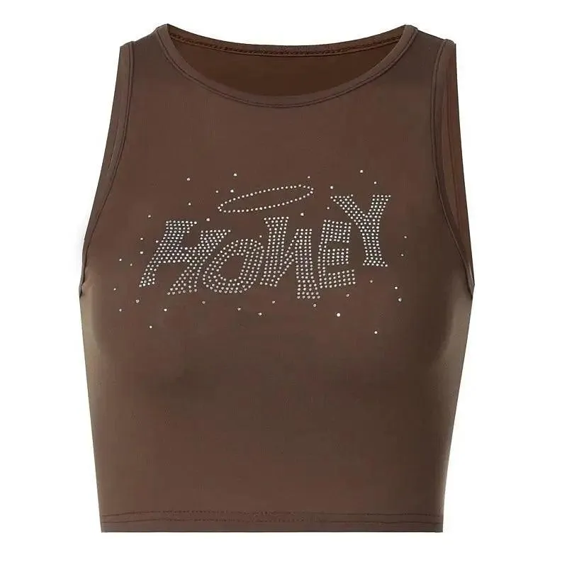 New Fashion styles cute Rhinestone sleeveless Crop Tank Top Streetwear cute tops for summer