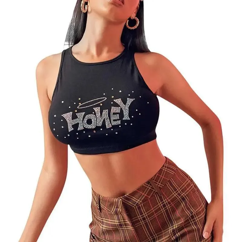 New Fashion styles cute Rhinestone sleeveless Crop Tank Top Streetwear cute tops for summer