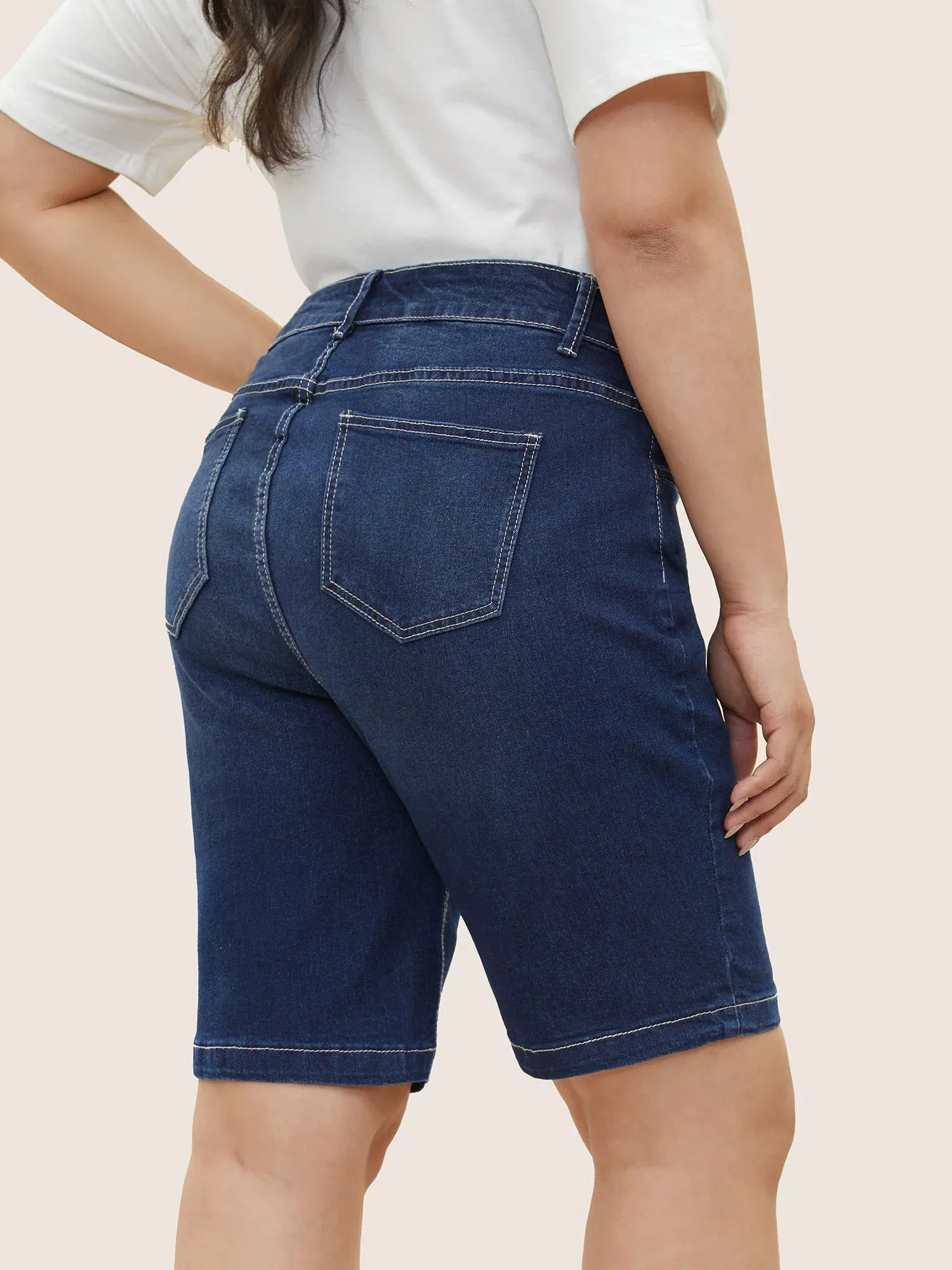 NEW Retails $45, Bloomchic Very Stretchy High Rise Dark Wash Denim Shorts, Indigo, PLUS Sz 24