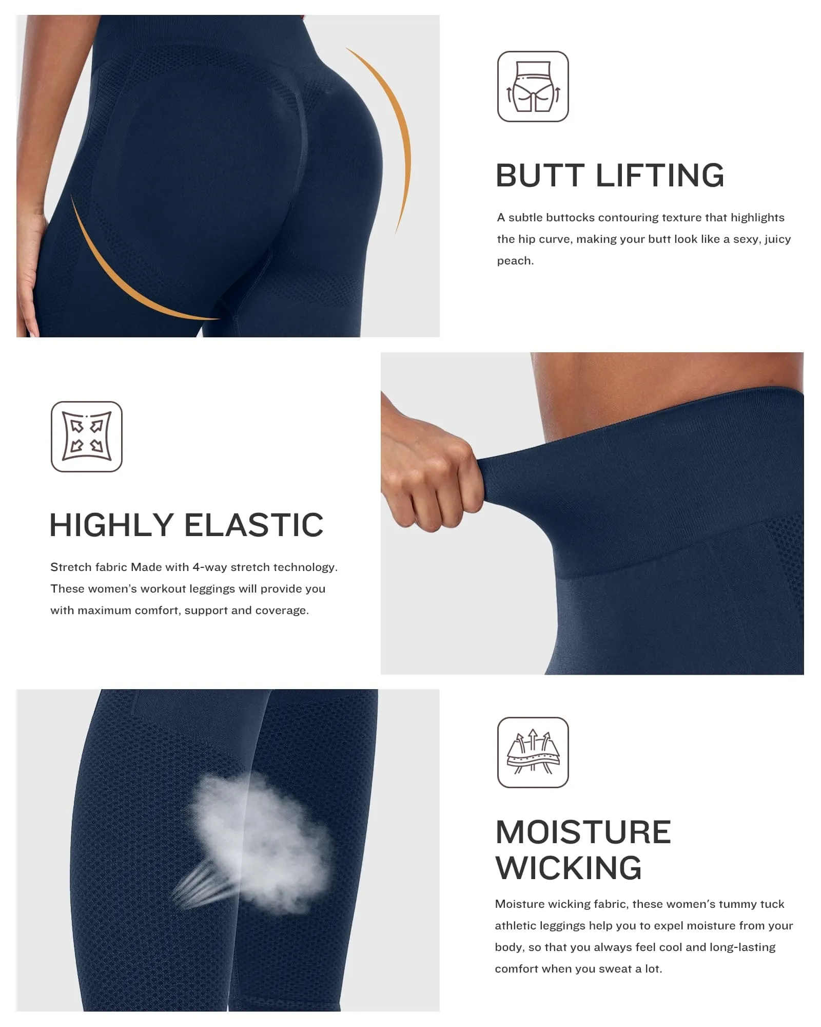 NORMOV Seamless Workout Butt Lifting Leggings - Booty Scrunch Gym Leggings for Women(Navy,L)