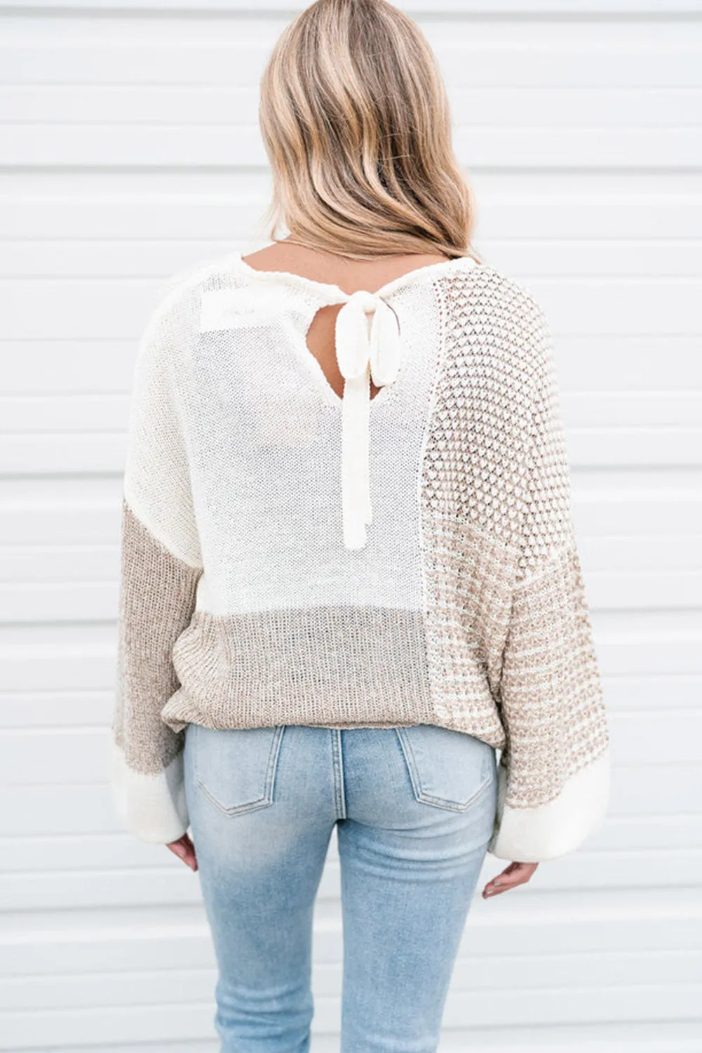 Oatmeal Mixed Pattern Knit Tie Keyhole Drop Shoulder Sweater