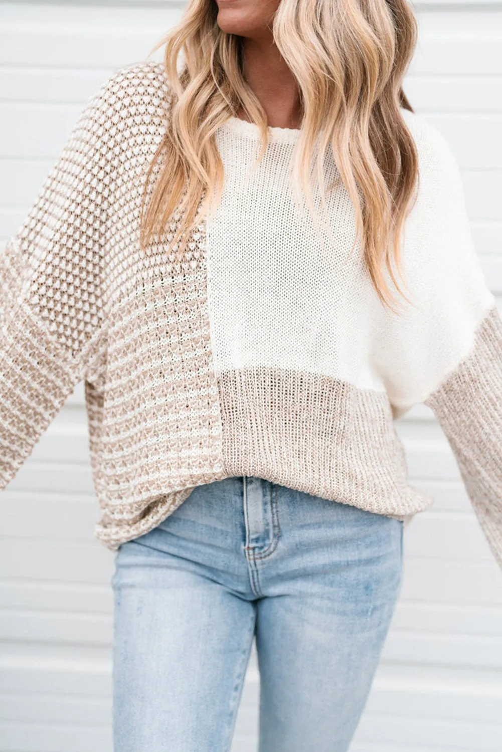Oatmeal Mixed Pattern Knit Tie Keyhole Drop Shoulder Sweater