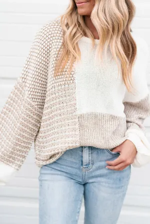 Oatmeal Mixed Pattern Knit Tie Keyhole Drop Shoulder Sweater