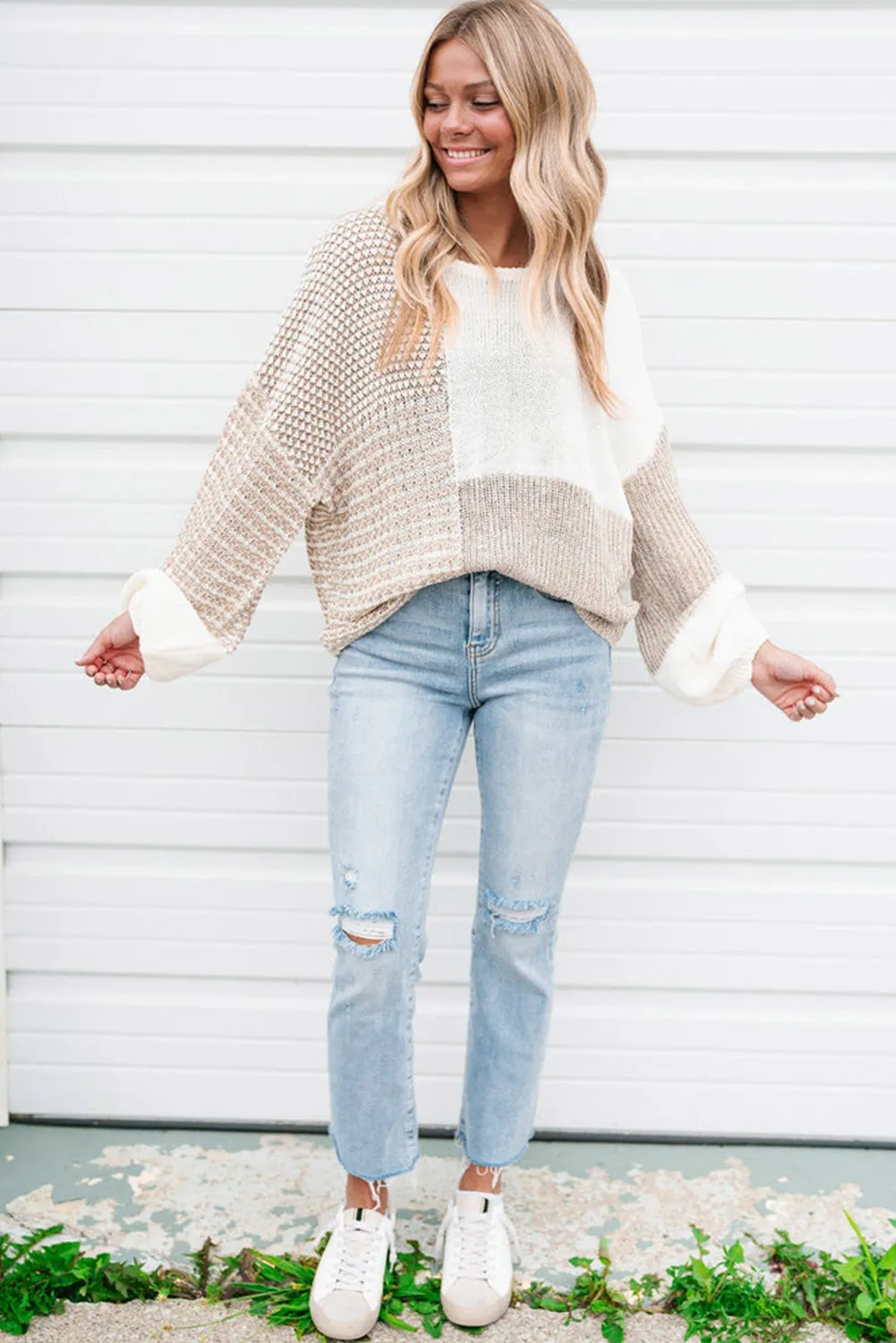 Oatmeal Mixed Pattern Knit Tie Keyhole Drop Shoulder Sweater