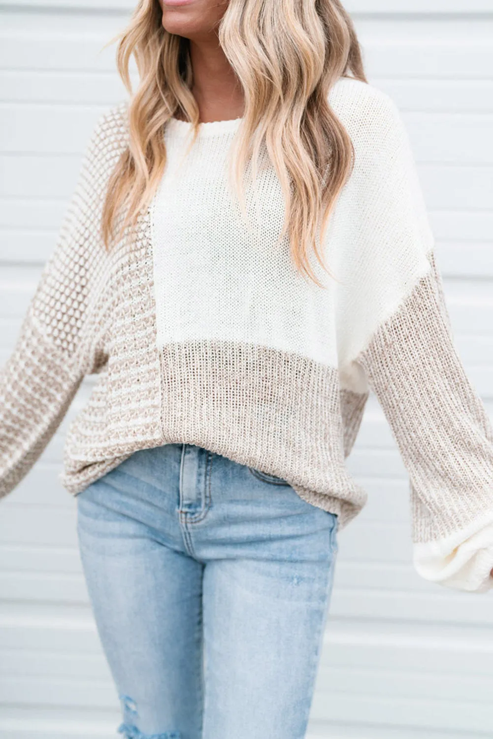 Oatmeal Mixed Pattern Knit Tie Keyhole Drop Shoulder Sweater