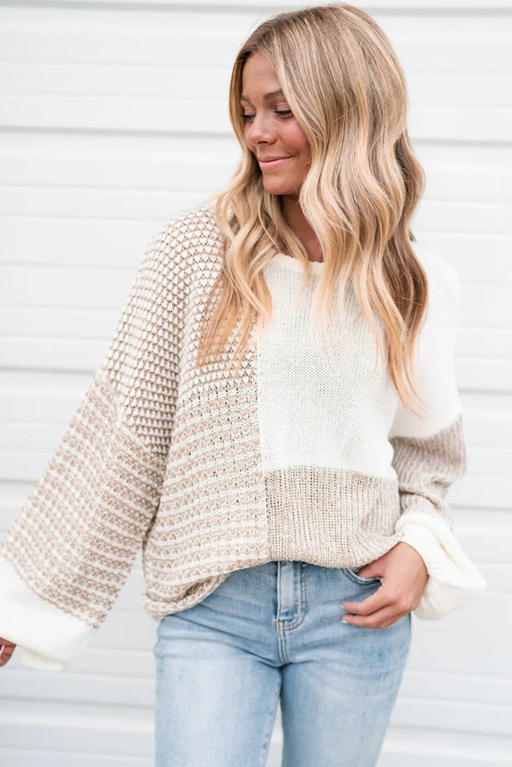 Oatmeal Mixed Pattern Knit Tie Keyhole Drop Shoulder Sweater