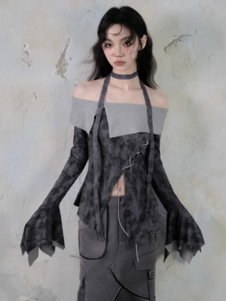Off Shoulder Cross Strap Slit Printed Tops【s0000004406】