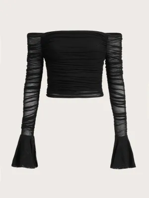 Off Shoulder Flounce Sleeve Ruched Mesh Crop Top