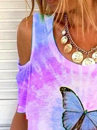 Off Shoulder Ombre/tie-Dye Casual Shirts & Tops