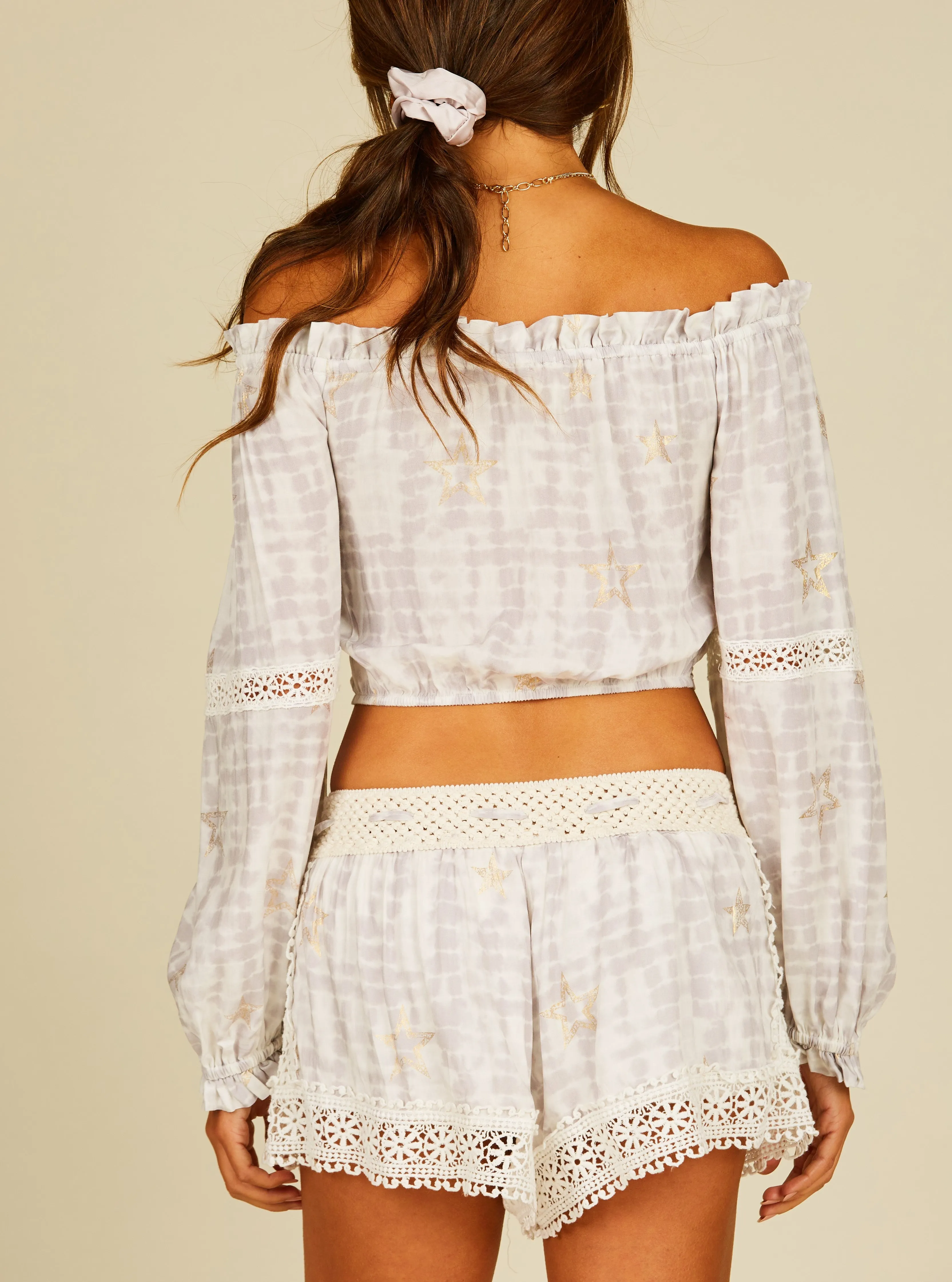 Off the Shoulder Star Tie Dye Tassel Crop Top