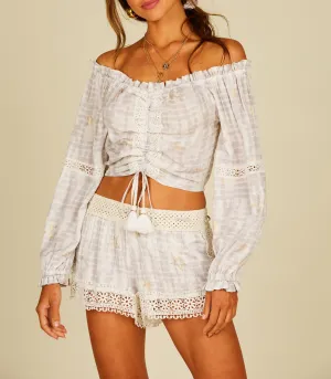 Off the Shoulder Star Tie Dye Tassel Crop Top