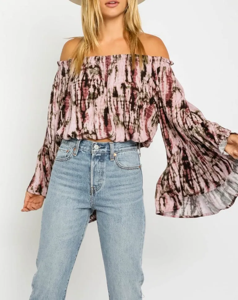 Off the Shoulder Tie Dye Bell Sleeve Top