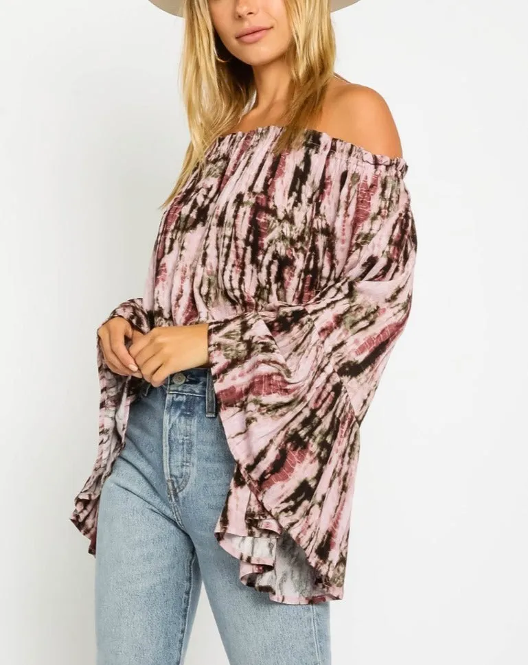 Off the Shoulder Tie Dye Bell Sleeve Top