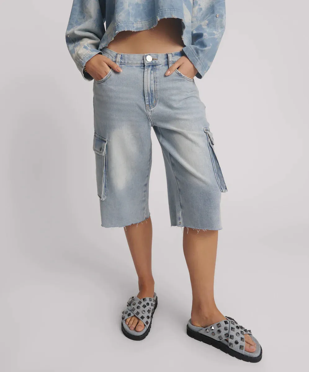 One Teaspoon - Skater Girl Low Wast Long Leg Shorts - Soft Blue