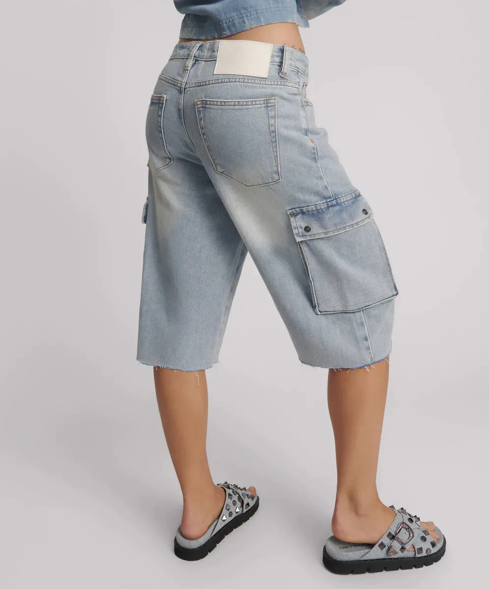 One Teaspoon - Skater Girl Low Wast Long Leg Shorts - Soft Blue
