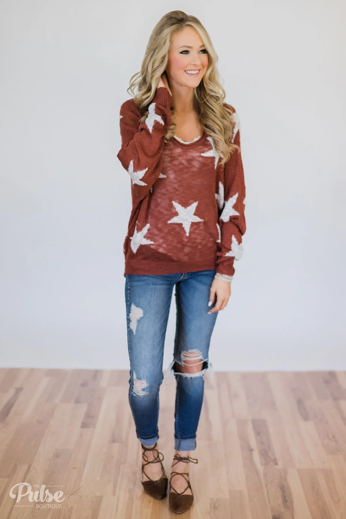 Perfect Timing Knitted Star Top- Burnt Orange
