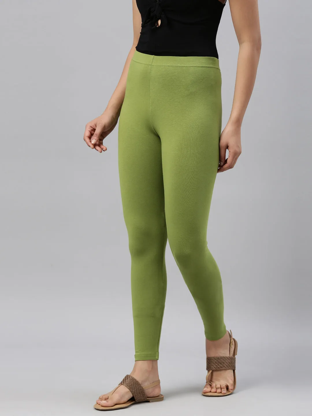 Pista Green Cotton Stretch Ankle Length Leggings