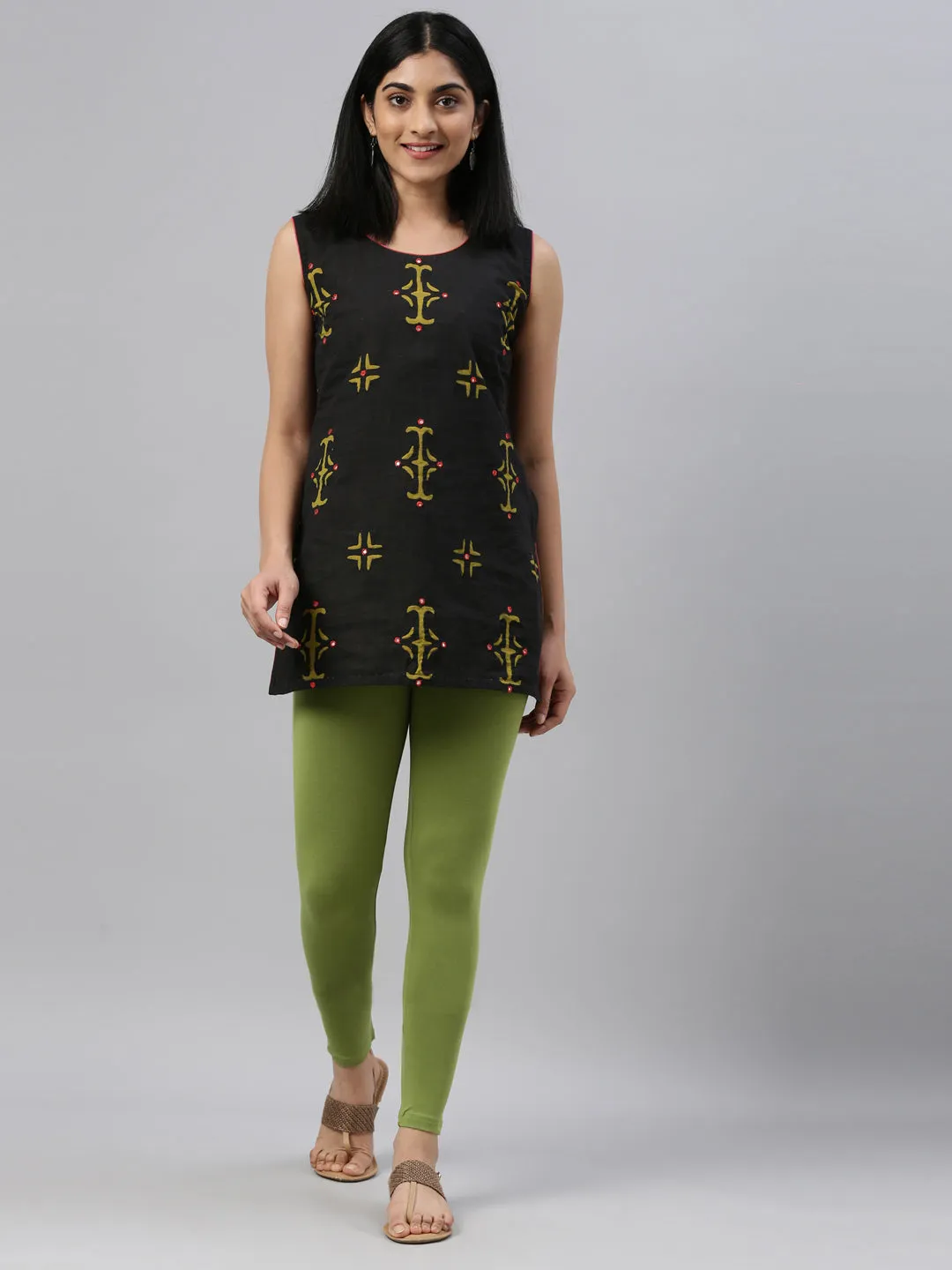 Pista Green Cotton Stretch Ankle Length Leggings