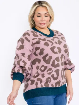 PLUS SIZE LONG SLEEVE ANIMAL PRINT PULLOVER COLORBLOCK SWEATER