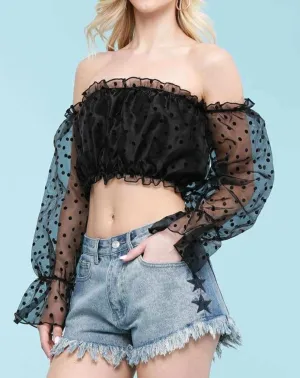 Polka Dot Off the Shoulder Long Sleeve Crop Top
