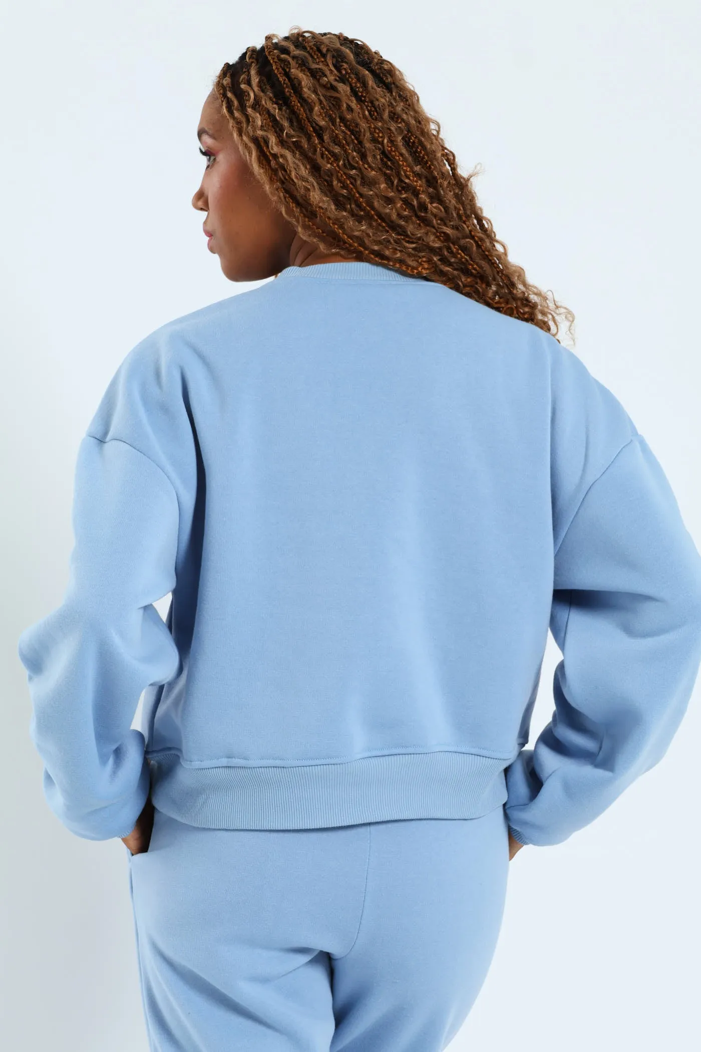 Printed Crew Fleece Top - Light Blue