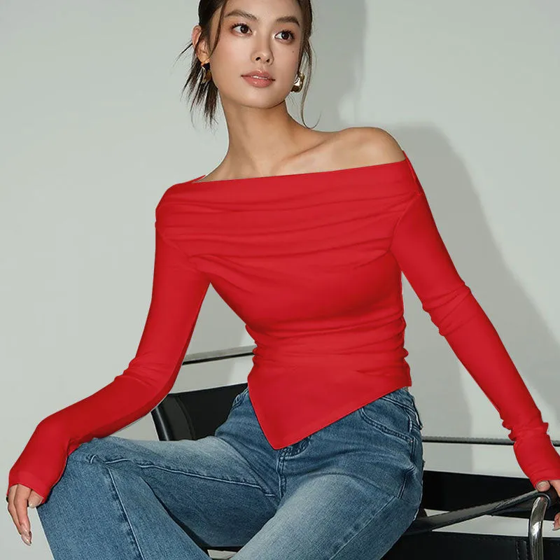 Red Off Shoulder Slant Hem Fitted Top