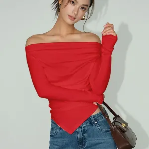 Red Off Shoulder Slant Hem Fitted Top