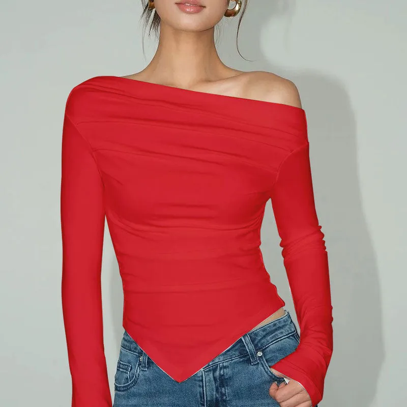 Red Off Shoulder Slant Hem Fitted Top