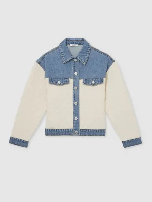 Reiss Quilted Colour Block Denim Jacket in Denim Blue
