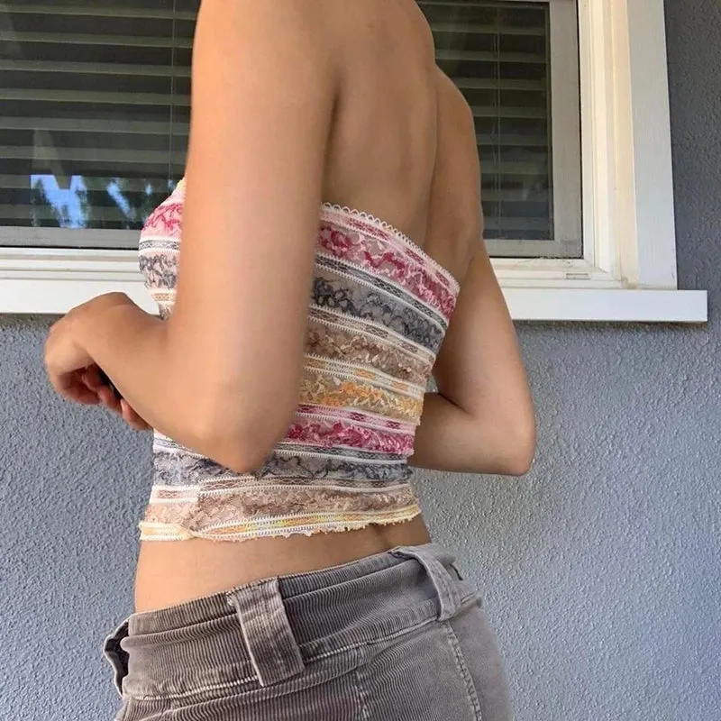 Retro Lace Trim Strapless Tube Crop Top