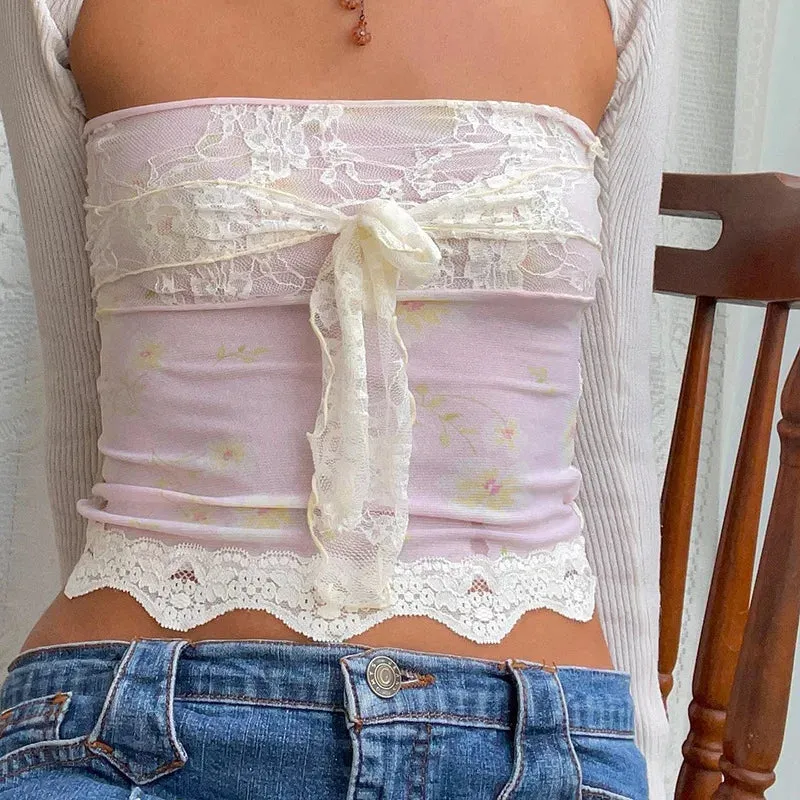 Retro Lace Trim Strapless Tube Crop Top