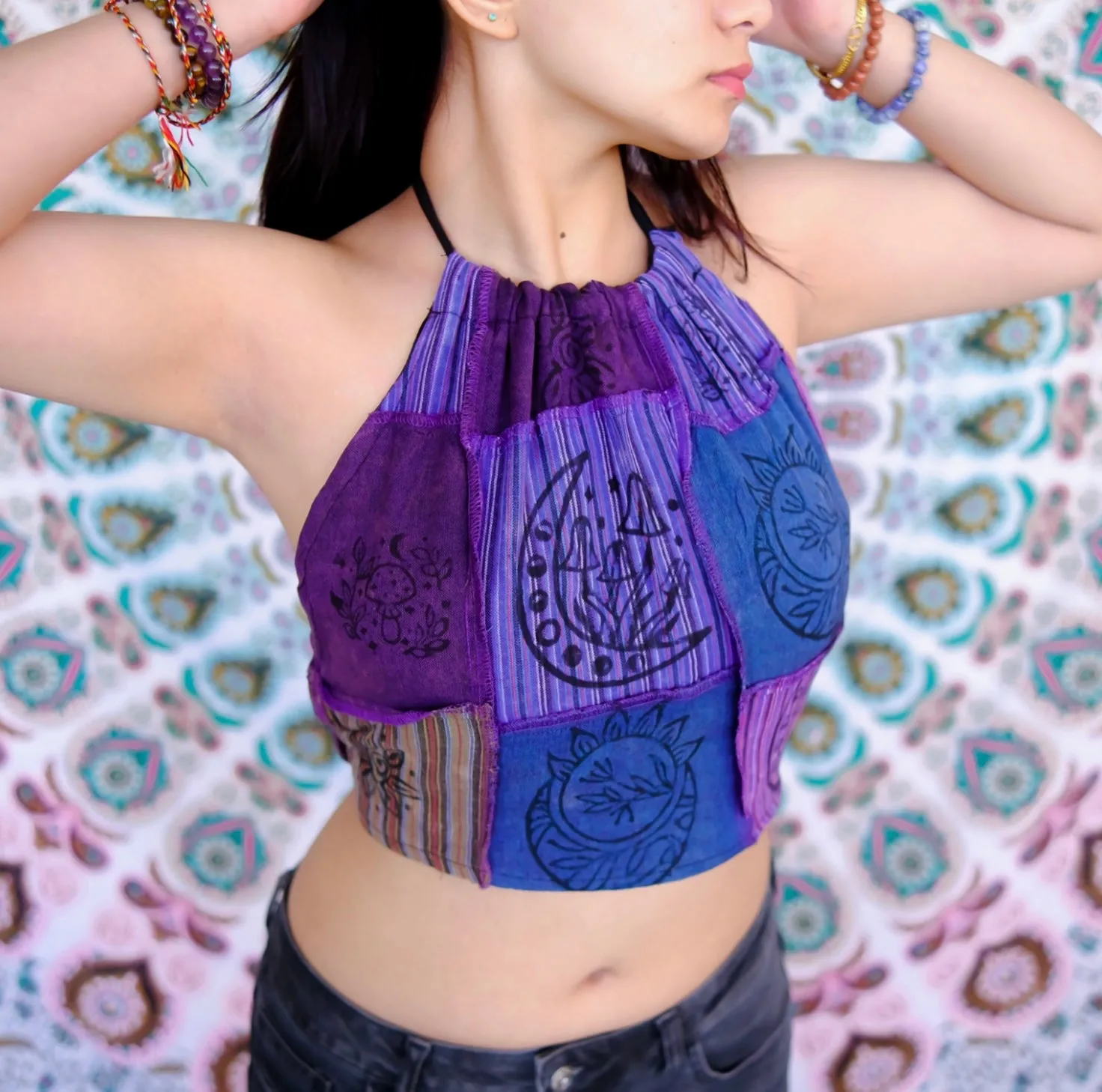 Reversible Patchwork Halter Top Purple Black