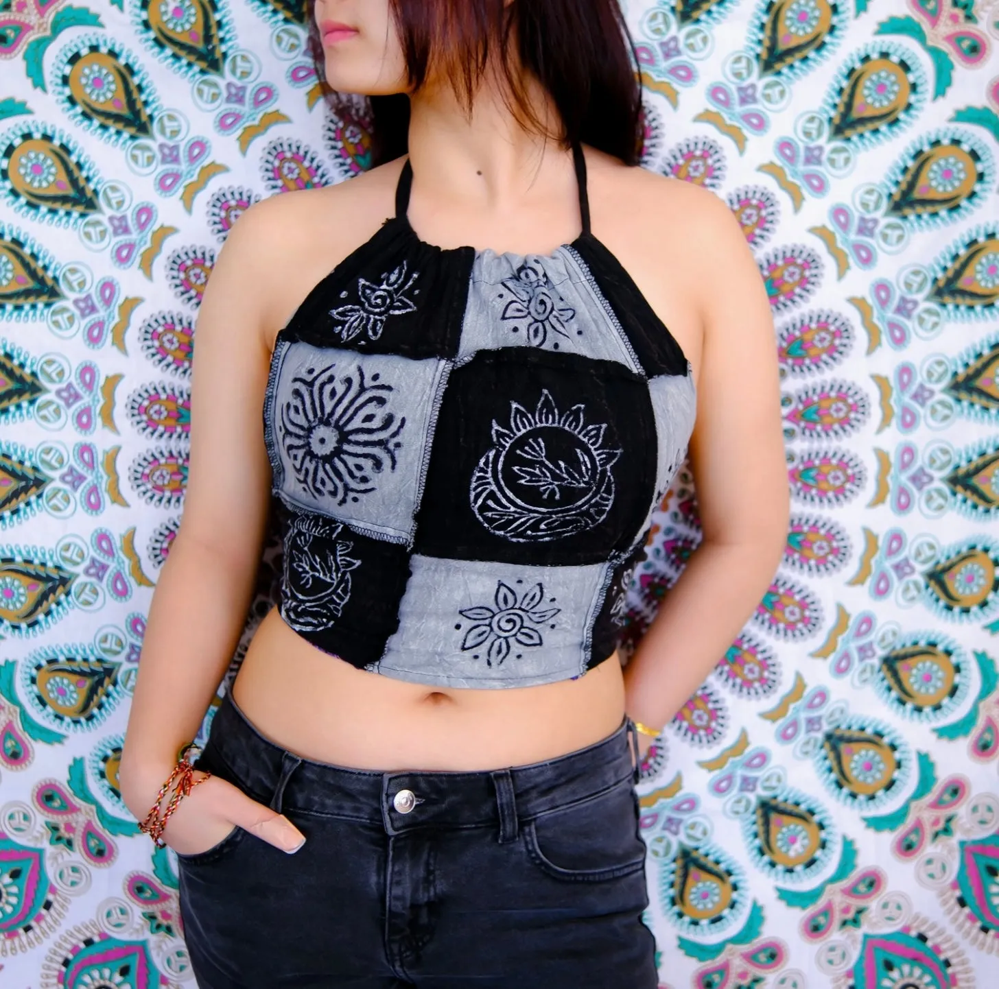Reversible Patchwork Halter Top Purple Black
