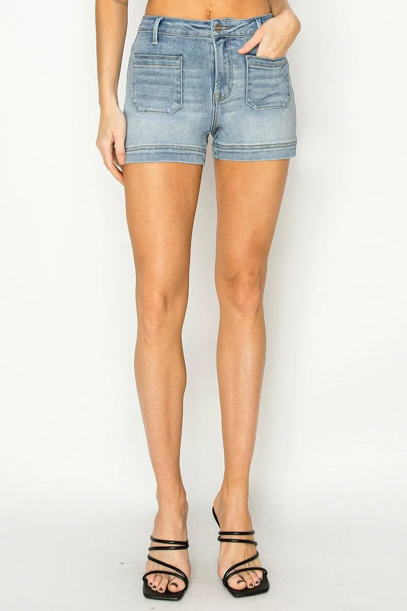 Risen Front Patch Pocket Light Denim Shorts