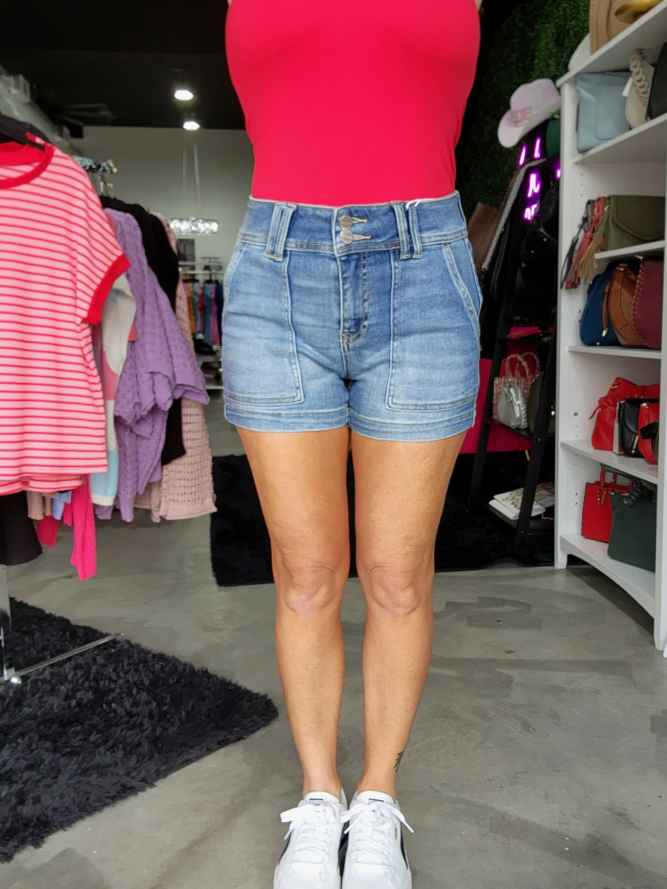 Risen High Rise Patched Front Pocket Shorts