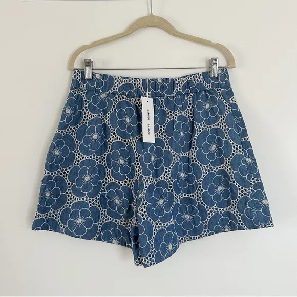 Samsoe Jimea Denim Blue Flower Shorts Size Large NWT