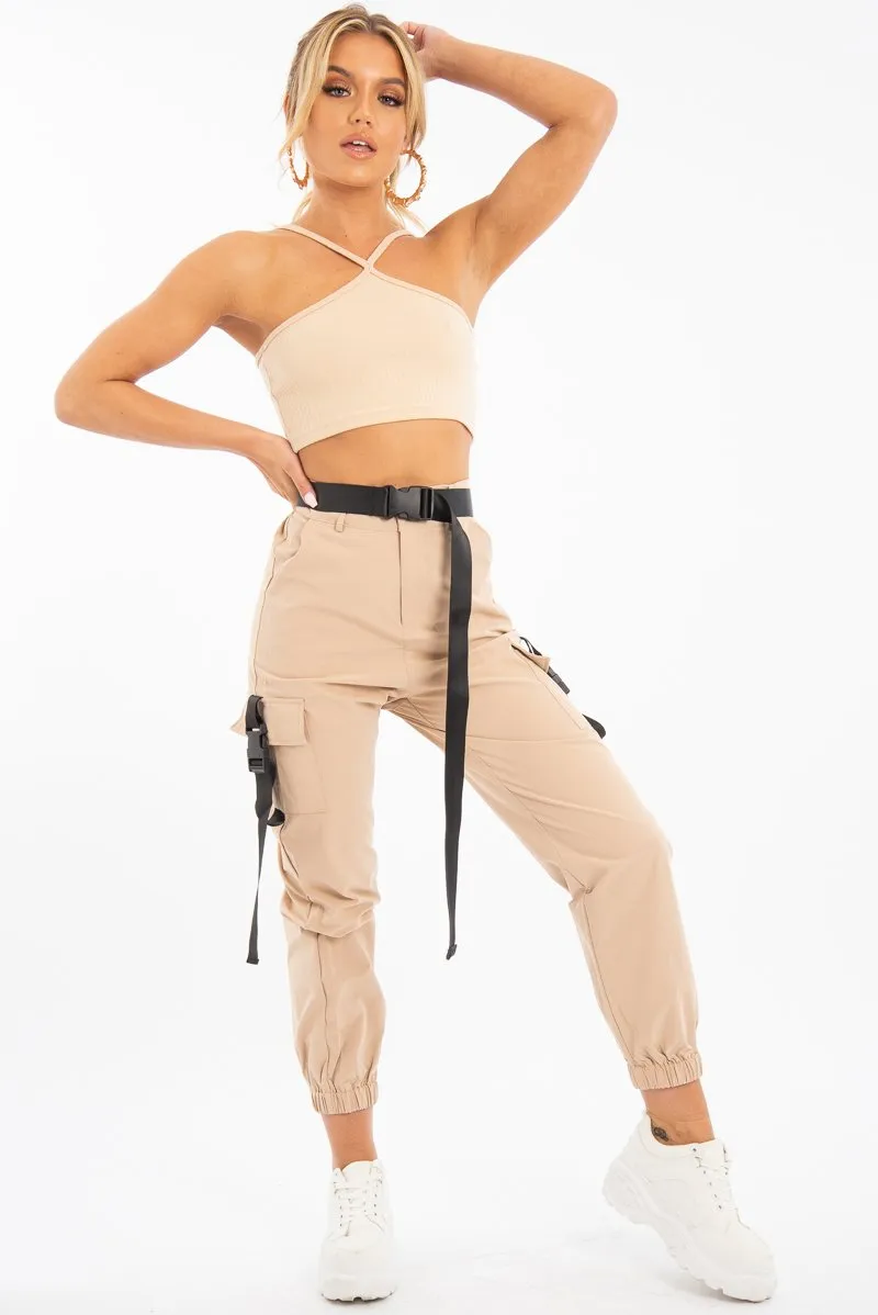 Sand Cross Front Straps Ribbed Crop Top - Vixi