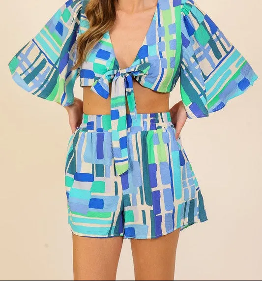 SAVE BY THE BELL TIE CROP TOP -BLUE MULTI