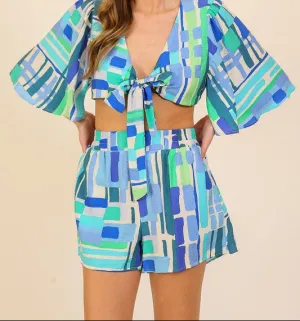 SAVE BY THE BELL TIE CROP TOP -BLUE MULTI