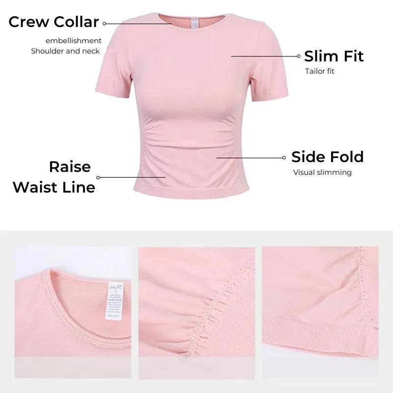 Seamless Slimming Waist Up Yoga Short Sleeve Gym Shirts Stretch Breathable Daily Sports Tops Fitness Crops