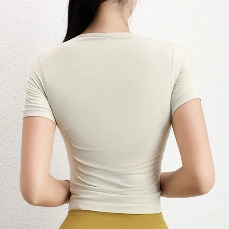 Seamless Slimming Waist Up Yoga Short Sleeve Gym Shirts Stretch Breathable Daily Sports Tops Fitness Crops