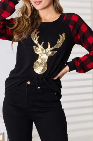 Sequin Reindeer Graphic Plaid Top - Online Exclusive