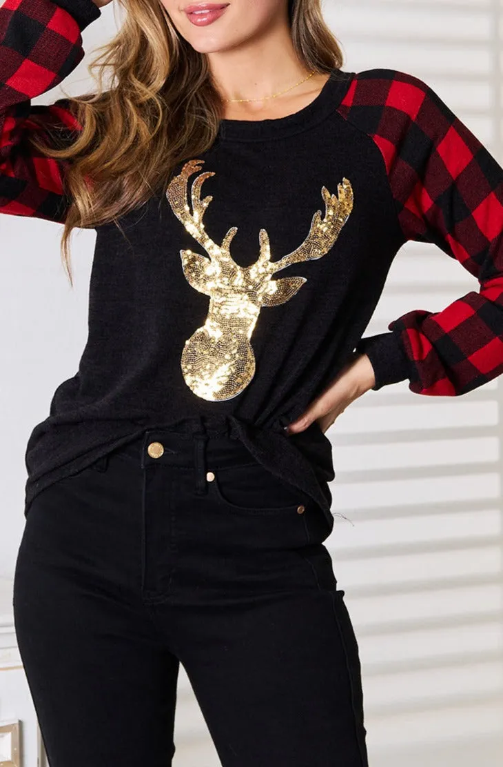 Sequin Reindeer Graphic Plaid Top - Online Exclusive