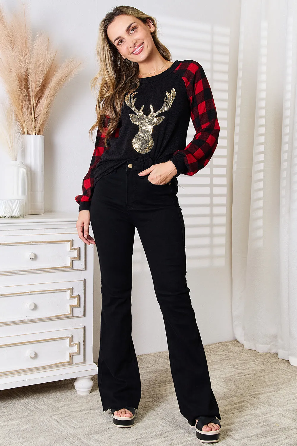 Sequin Reindeer Graphic Plaid Top - Online Exclusive